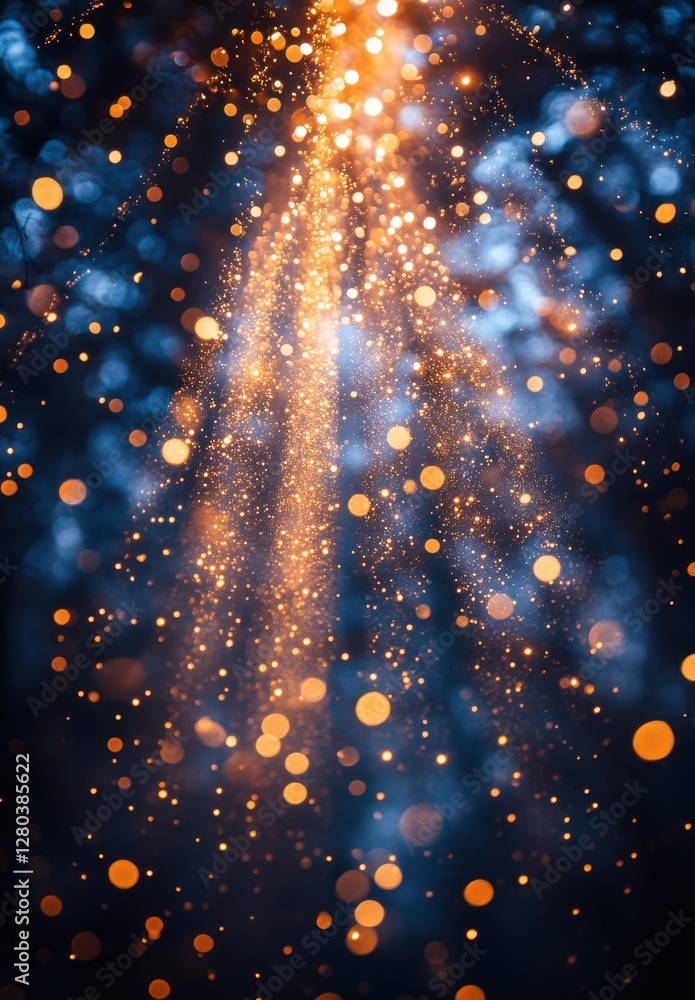 Poster ethereal golden light rays illuminating a misty forest with sparkling particles in enchanting blue a