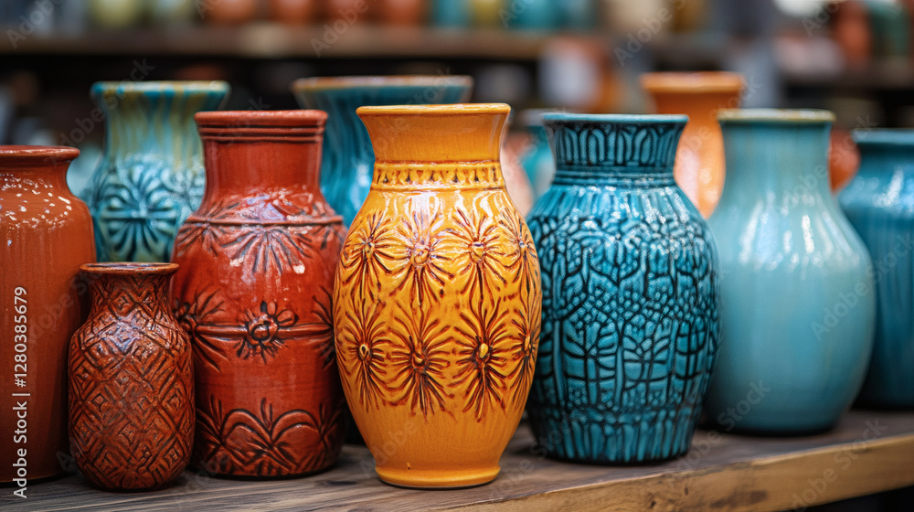 Poster A vibrant display of intricately designed ceramic vases in various colors, highlighting their artistic patterns and craftsmanship