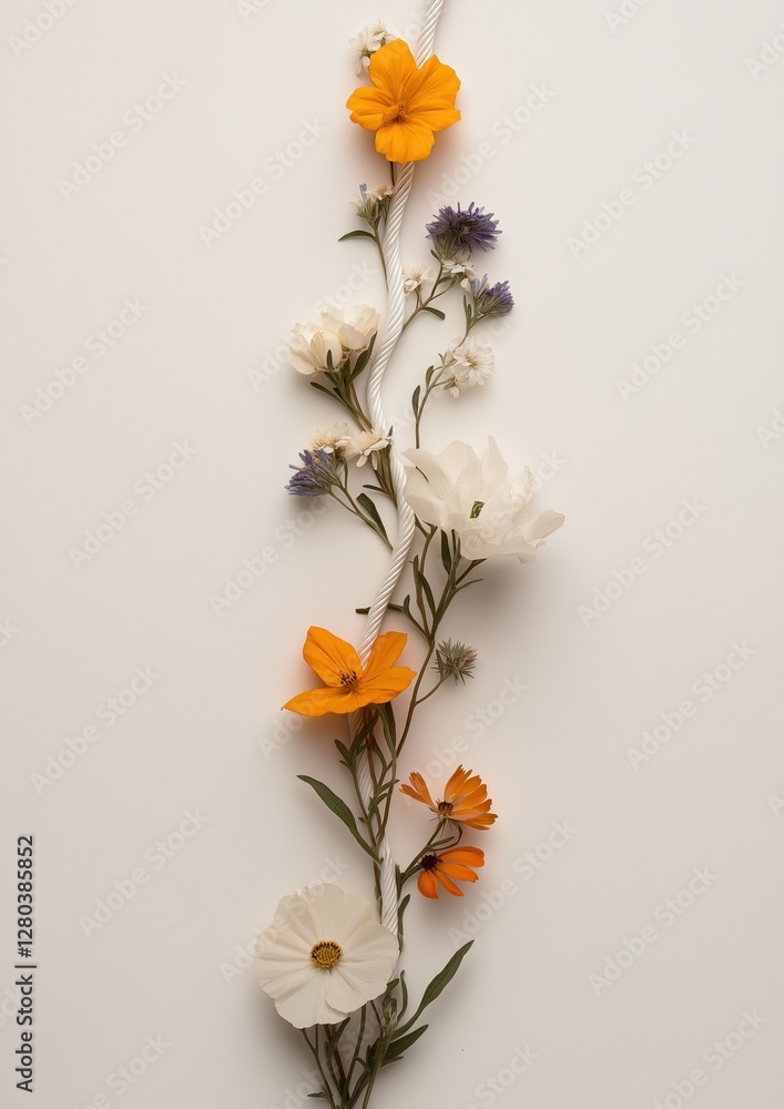 Poster Vertical arrangement of flowers on a white background. the flowers are arranged in a way that they form a continuous line, with each flower having a unique shape and size.