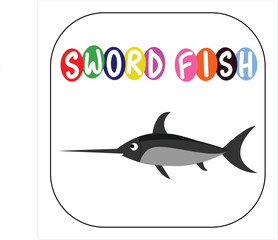 Vector illustration of a fish with an image on a card over a white background. Children's Education, Print, Flat icons
