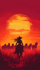 Fototapeta premium Sunset Cowboy Silhouette Ride