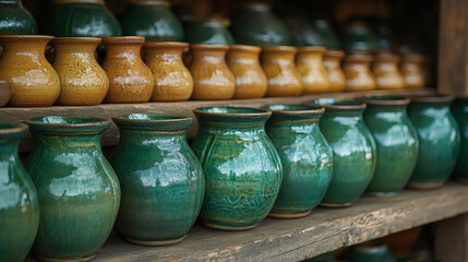 A row of beautifully crafted ceramic pots in varying colors, showcasing a blend of earthy tones and glossy finishes, arranged neatly on a wooden shelf
