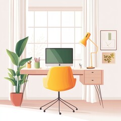 Fototapeta premium Modern home office with yellow chair, desk, and plants near window.
