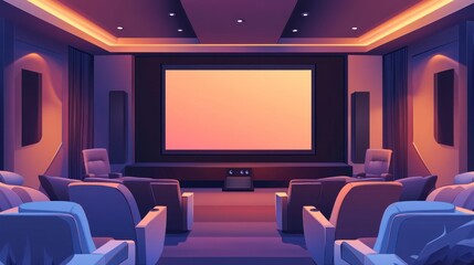 Luxurious home theater with large screen, comfortable seating, and ambient lighting.