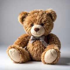 Fototapeta premium Adorable brown teddy bear sitting upright against a simple white backdrop, wearing a charming bow tie