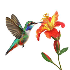 Fototapeta premium vibrant hummingbird hovering near colorful hibiscus flower, showcasing nature beauty and intricate details. scene captures essence of tropical wildlife and floral diversity