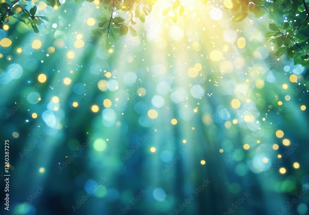 Poster ethereal sunlight filtering through leaves creating a magical atmosphere in a lush green forest with