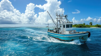 Fototapeta premium A small fishing boat navigating offshore waters near a coral reef.