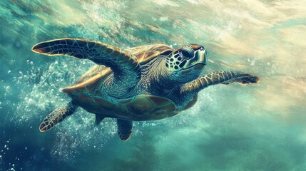 Obraz premium Green Sea Turtle Underwater in Teal Ocean