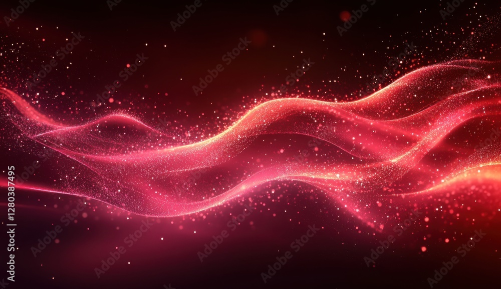 Poster ethereal waves of red light with shimmering particles and glowing trails on a dark background for ab