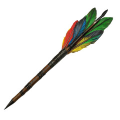 Colorful feather quill pen with wooden shaft, ideal for writing or decoration. vibrant feathers in red, green, and yellow add unique touch to any desk or collection