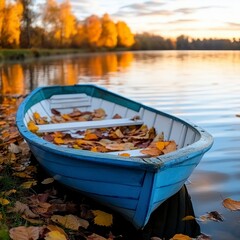 Obraz premium Autumn Leaves in a Blue Rowboat at Sunrise