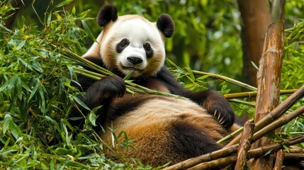 A relaxed panda sits among bamboo, munching on greenery in a lush, tranquil setting, embodying the charm of wildlife.