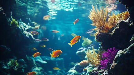 Fototapeta premium Vibrant Underwater Scene with Colorful Coral Reefs and Tropical Fish in a Clear Ocean Environment Filled with Natural Light and Beautiful Marine Life