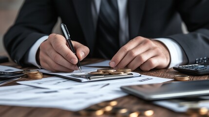 suited professional is focused on calculating financial data while writing on documents. Coins and a calculator are visible, highlighting the importance of accurate financial management