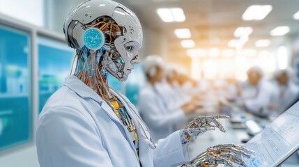 robotic technician, dressed in a lab coat, examines data on a screen while researchers conduct experiments in a well-lit laboratory