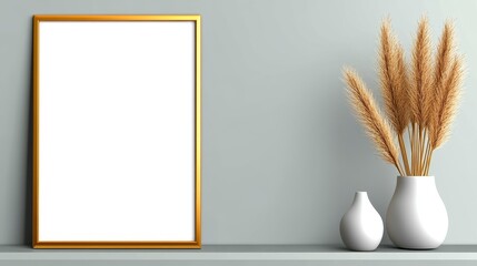 Naklejka premium Blank Gold Frame Mockup with Pampas Grass and Vases