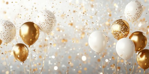 Festive Background with Gold and White Balloons, Sparkling Glitter, and a Celebration Atmosphere for Parties and Special Occasions