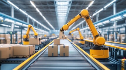 Fototapeta premium Automated robotics in warehouse operations distribution center industrial technology modern facility wide-angle perspective efficiency enhancement