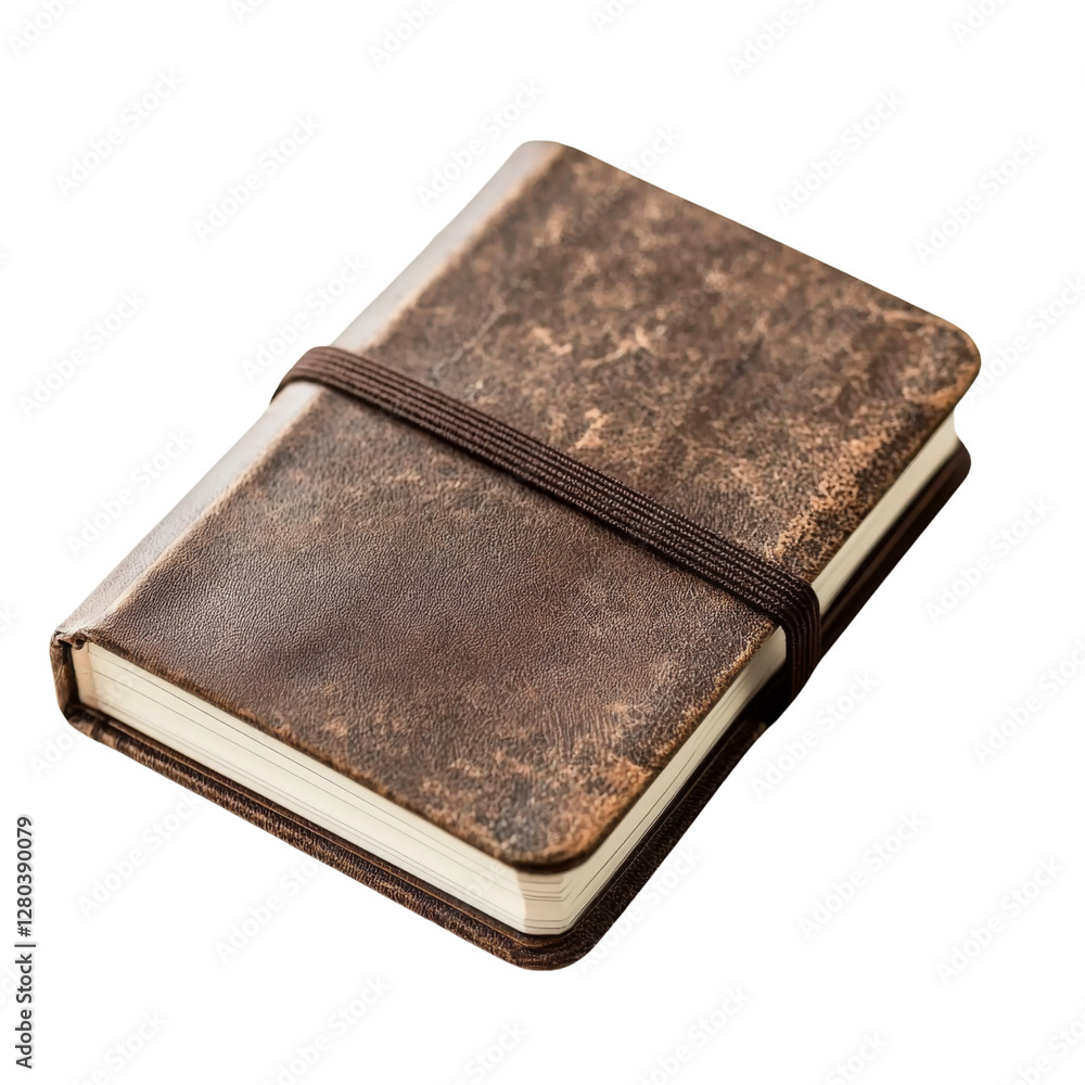 Poster vintage leather notebook with textured cover and elastic band, perfect for journaling or note taking