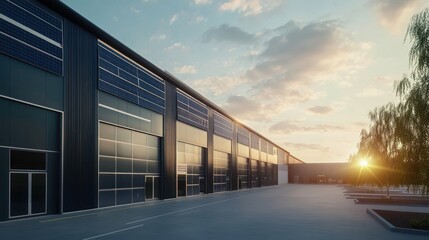 Sunset over industrial warehouse urban landscape architectural photography modern environment wide angle view industrial concept