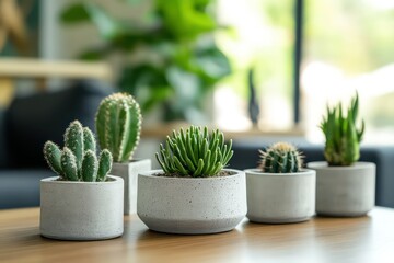 A stylish indoor decor setup featuring uniquely shaped concrete pots with tiny cacti.