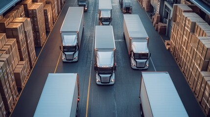 Transporting goods efficiently trucks in a logistics warehouse aerial view urban environment supply chain management
