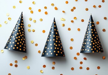 Festive black party hats adorned with gold dots on a light background scattered with shiny golden confetti for celebration themes