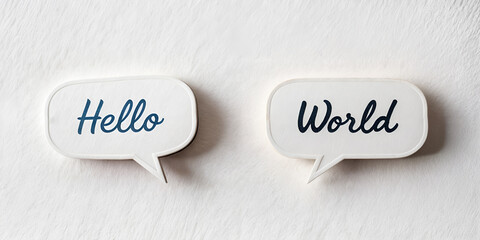 two speech bubbles on a white background. The left bubble contains the "Hello World" suggesting a conversation or interaction concept