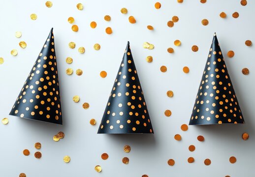 Festive black party hats adorned with gold dots on a light background scattered with shiny golden confetti for celebration themes