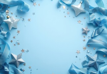 Festive Blue Background with Glittering Stars and Shiny Ribbons for Celebratory Events and Holiday Decorations