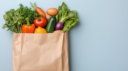 paper bag holds an assortment of fresh groceries, showcasing vibrant vegetables, fruits, and eggs. arrangement highlights healthy eating choices and meal preparation ideas