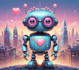 "A cute, hand-drawn robot with oversized goggles and a quirky antenna on its head. The robot has a bubbly, rounded shape with a glowing heart on its chest, symbolizing friendly AI. 