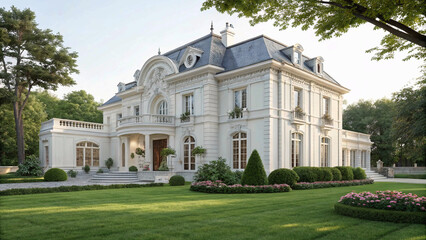 Luxury Old white colored town house with green lawn