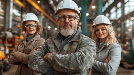Fototapeta premium team of three construction workers stands confidently in a busy warehouse