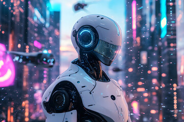 Fototapeta premium Futuristic Robot in Neon Cityscape Digital Art