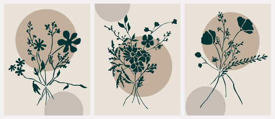 Set of Boho aesthetic botanical wall arts. Retro posters for Scandinavian, Japandi interior design. Vector line art illustrations in pastel beige colors with wild flower bouquet black silhouettes.