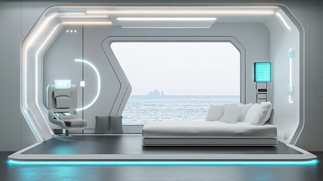 Futuristic bedroom with ocean view, featuring sleek design and modern technology elements