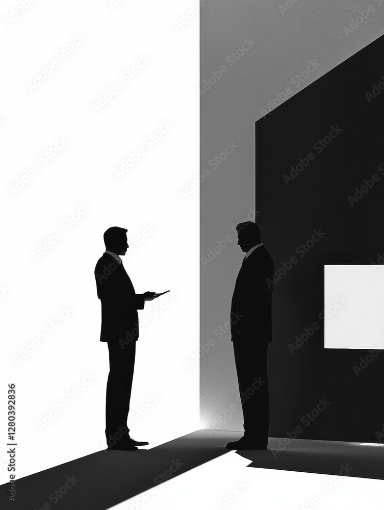 Poster two silhouetted figures engaged in negotiation in an abstract, modern space during late afternoon. g