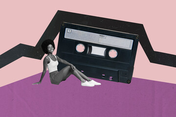 Exclusive sketch collage of happy glamour african girls sit retro tape playlist record 90s party...