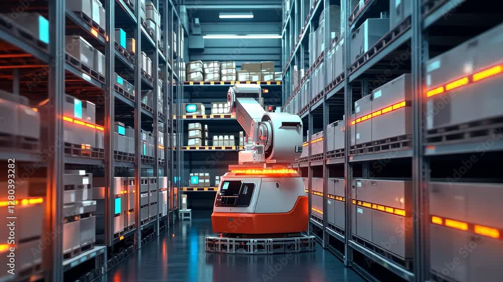Poster robots manage inventory in a high tech warehouse environment during daytime operations, high tech wa