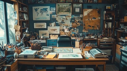A workspace filled with hobby items like model kits and art supplies, money in the background 
