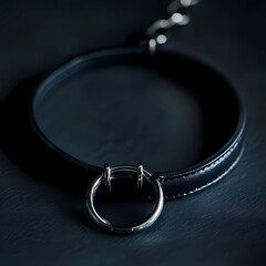Subtle black leather collar with metallic ring on dark textured surface during low light conditions