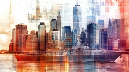 Naval ship and vibrant cityscape create an urban tapestry