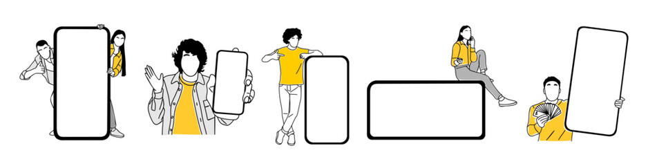 Different people showing smartphone mockups set. Happy people holding big blank phone display in hands, pointing to white screen. Online, mobile offer, discount, advertising. Vector outline drawing.