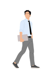 Business man character walking, carrying laptop side view. Young Handsome man wearing shirt, tie, smart casual office outfit. Vector realistic illustration isolated