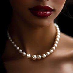 Elegant woman showcasing a pearl necklace with bold red lips in an atmospheric setting