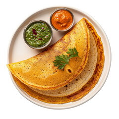 Delicious dosa served with green chutney and red chutney on white plate. crispy texture and golden color make it appetizing dish