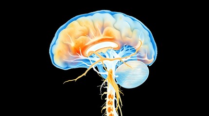 Human Brain Anatomy Illustration with Nerves and Spinal Cord Detail