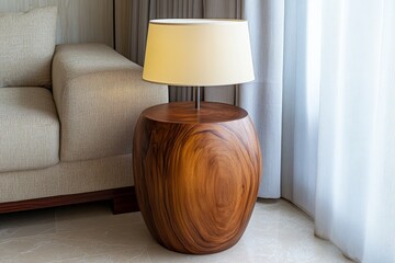 Dark Wood Side Table with Beige Lampshade in a Warm Living Room